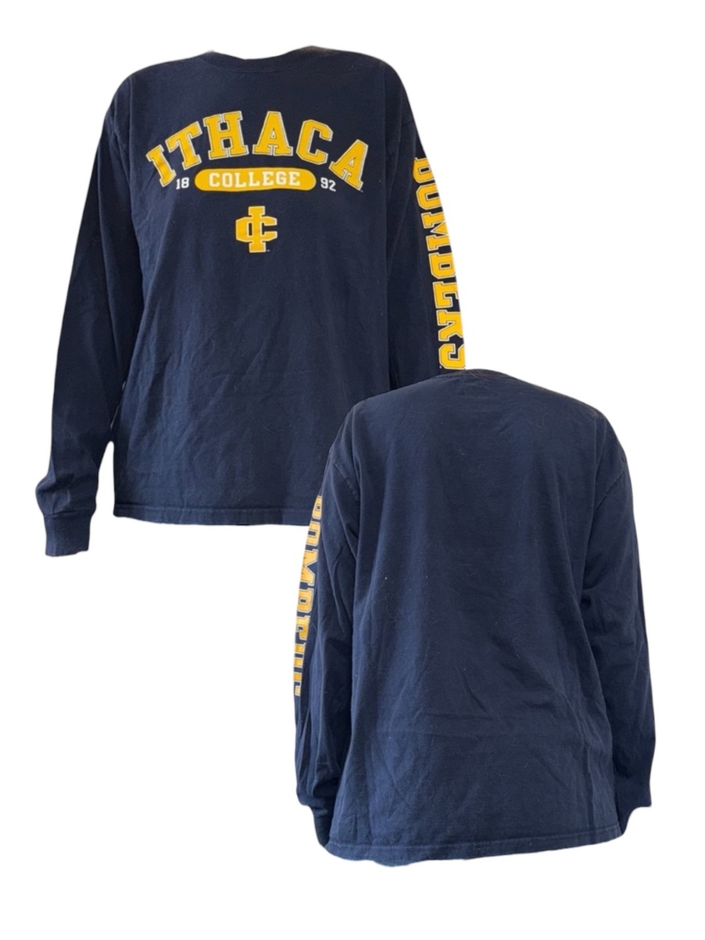 Ithaca College Navy Long Sleeve Tee with Yellow Logo